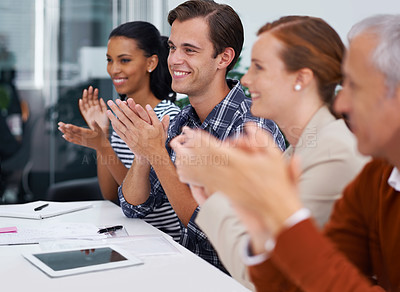 Buy stock photo Team, happy and applause in business meeting for achievement and celebration of sales in conference room. Design professional, solidarity and clapping hands for speaker and success of company growth