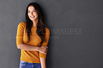 Buy stock photo Woman, smile and portrait for clothes, fashion and style for weekend or indoor. Female person, model and happy with jersey for casual outfit, stylish and fashionable on gray backdrop on mockup  