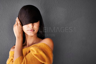 Buy stock photo Mockup space, woman and hair in studio beauty, cosmetics and haircare for elegance and confidence. Female person or model, makeup and positive or proud on gray background, style routine for treatment