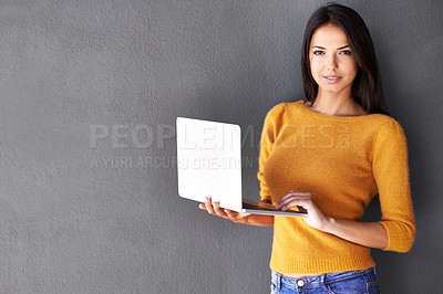 Buy stock photo Portrait, woman and laptop with mockup in studio for social media, download or website scroll on wall background. Space, pc or student face online with internet, elearning or upskill training course