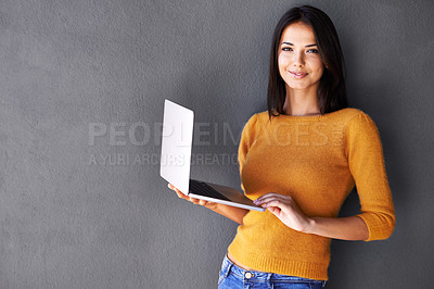 Buy stock photo Woman, portrait and laptop with mockup in studio for social media, download or website scroll on black background. Space, pc or student face online with internet, elearning or upskill training course