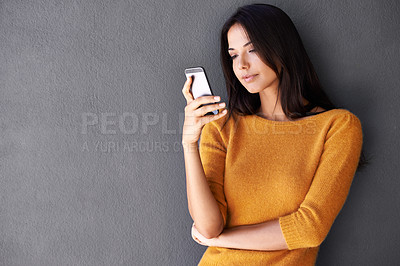 Buy stock photo App, social media and internet for woman with phone for online, web and information on weekend. Blogger or content creator and looking at screen for engagement, scroll and browse for relax on mockup