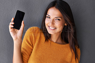 Buy stock photo Woman, portrait and phone screen in studio, empty and mockup space for website or app. Female person, communication and blank display for marketing or advertising, social media and gray background