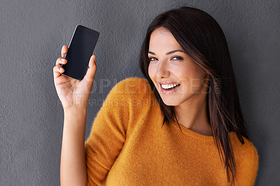 Buy stock photo Woman, smile and mobile phone for marketing, advertising and social media for present, show or advice of info on screen. Young person and happy with presentation on tech for online and internet 