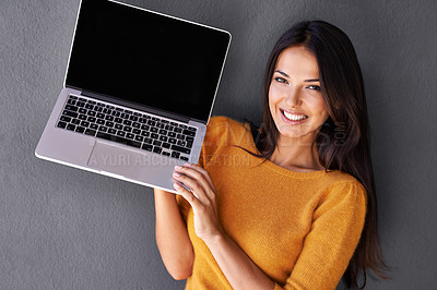 Buy stock photo Laptop, screen or portrait of happy woman with social media, mockup or sign up promotion on wall background. Computer, space or face of female person with app sign up, guide or Netflix and chill menu