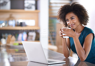 Buy stock photo Thinking, drinking coffee and woman on laptop in home for remote work at desk in apartment. Dream, computer and African freelancer with tea at table, inspiration or planning future in the morning