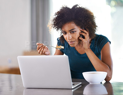 Buy stock photo Phone call, eating breakfast and woman on laptop in home for remote work, internet or social media at desk. Smartphone, computer and African freelancer with food at table, cereal and healthy diet