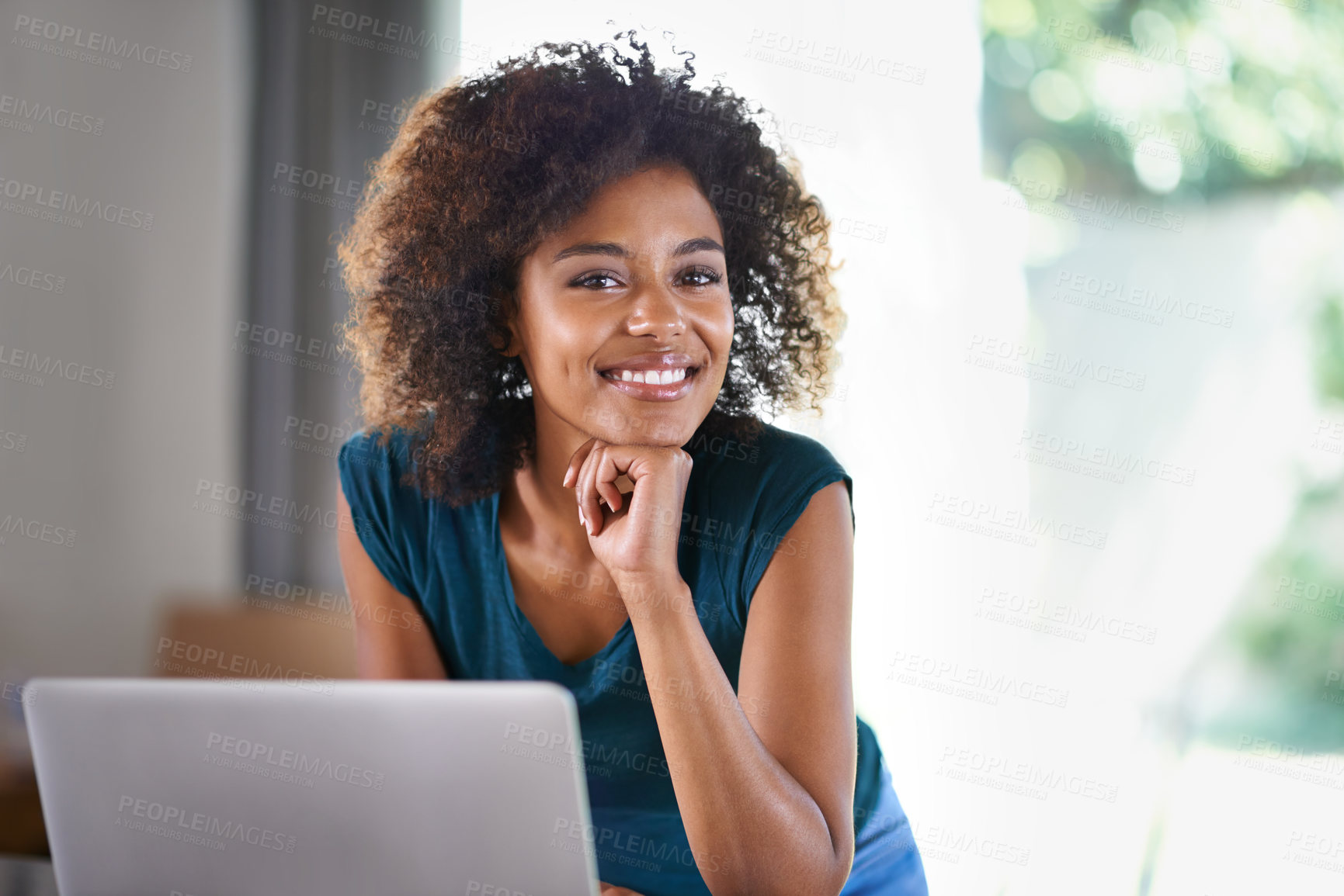 Buy stock photo Portrait, laptop and smile of woman in home for remote work with young female person in apartment. Face, computer and happy freelancer, girl and copywriter online in South Africa to relax in house