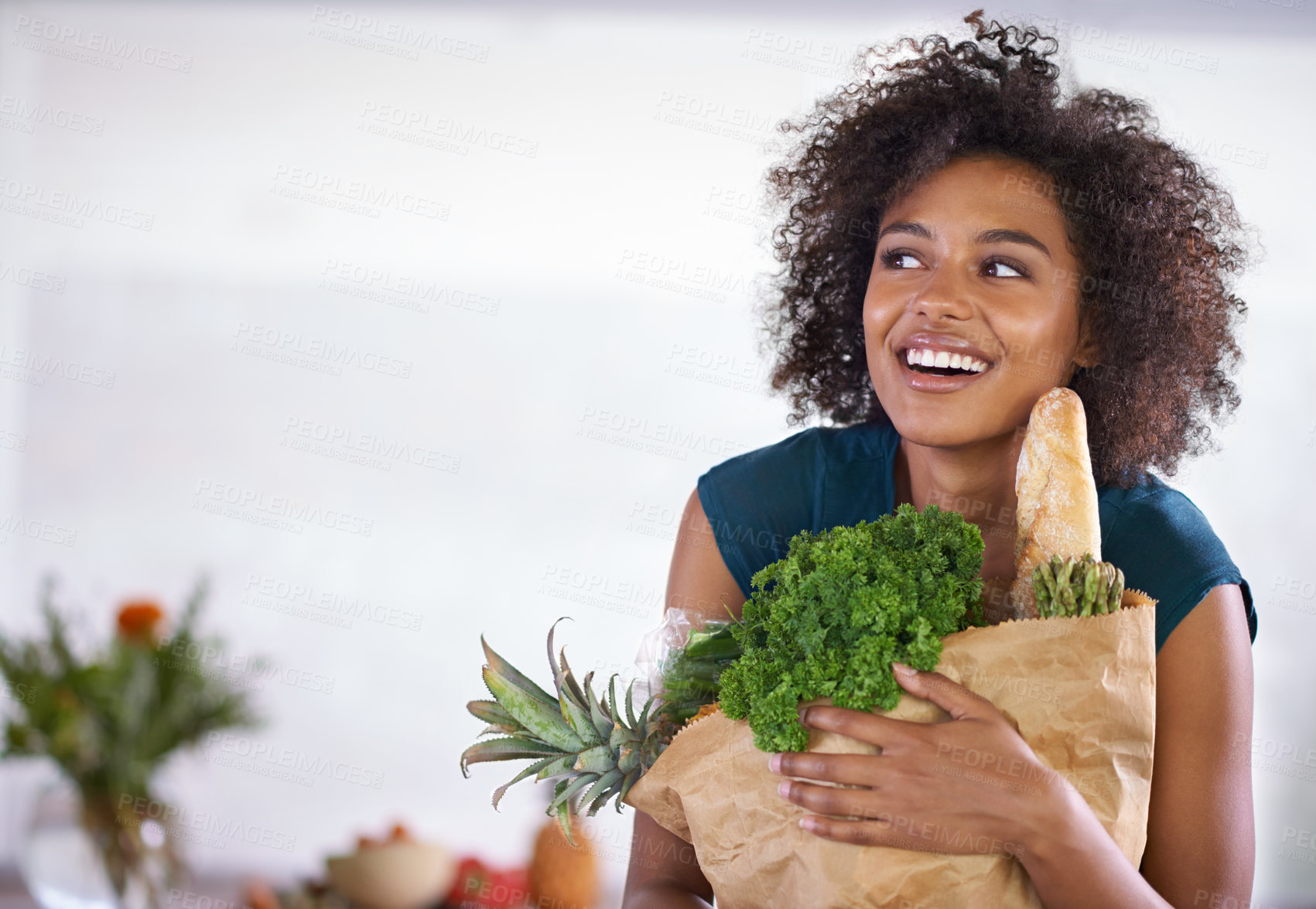 Buy stock photo Smile, paper bag and young woman with groceries for dinner, lunch or supper at home. Happy, food and female person with fresh, organic or nutrition ingredients for healthy diet at modern house.