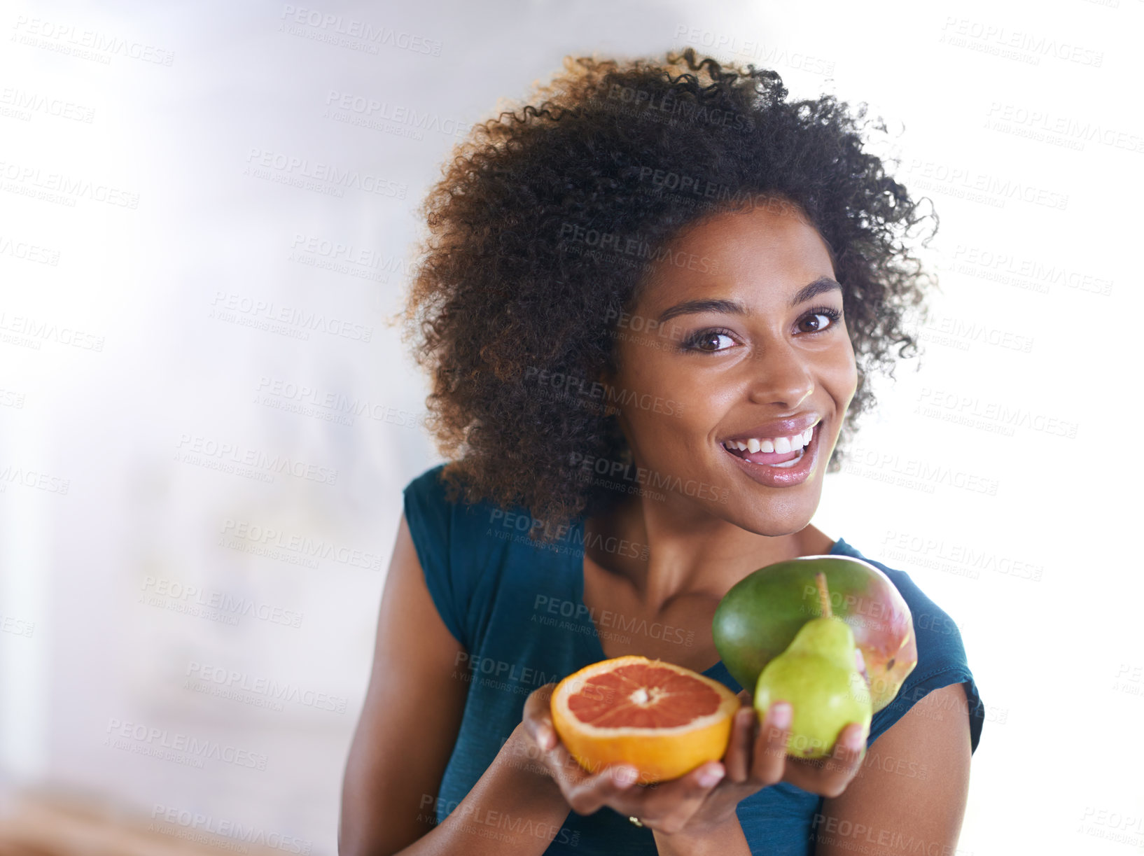 Buy stock photo Smile, wellness and portrait of woman with fruit for fresh, organic or nutrition snack for diet. Happy, health and young female person with produce ingredients or groceries at modern apartment.