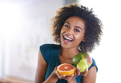 Buy stock photo Happy, health and portrait of woman with fruit for fresh, organic or nutrition snack for diet. Smile, wellness and young female person with produce ingredients or groceries at modern apartment.