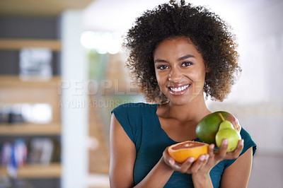Buy stock photo Smile, health and portrait of woman with fruit for fresh, organic or nutrition snack for diet. Happy, wellness and young female person with produce ingredients or groceries at modern apartment.
