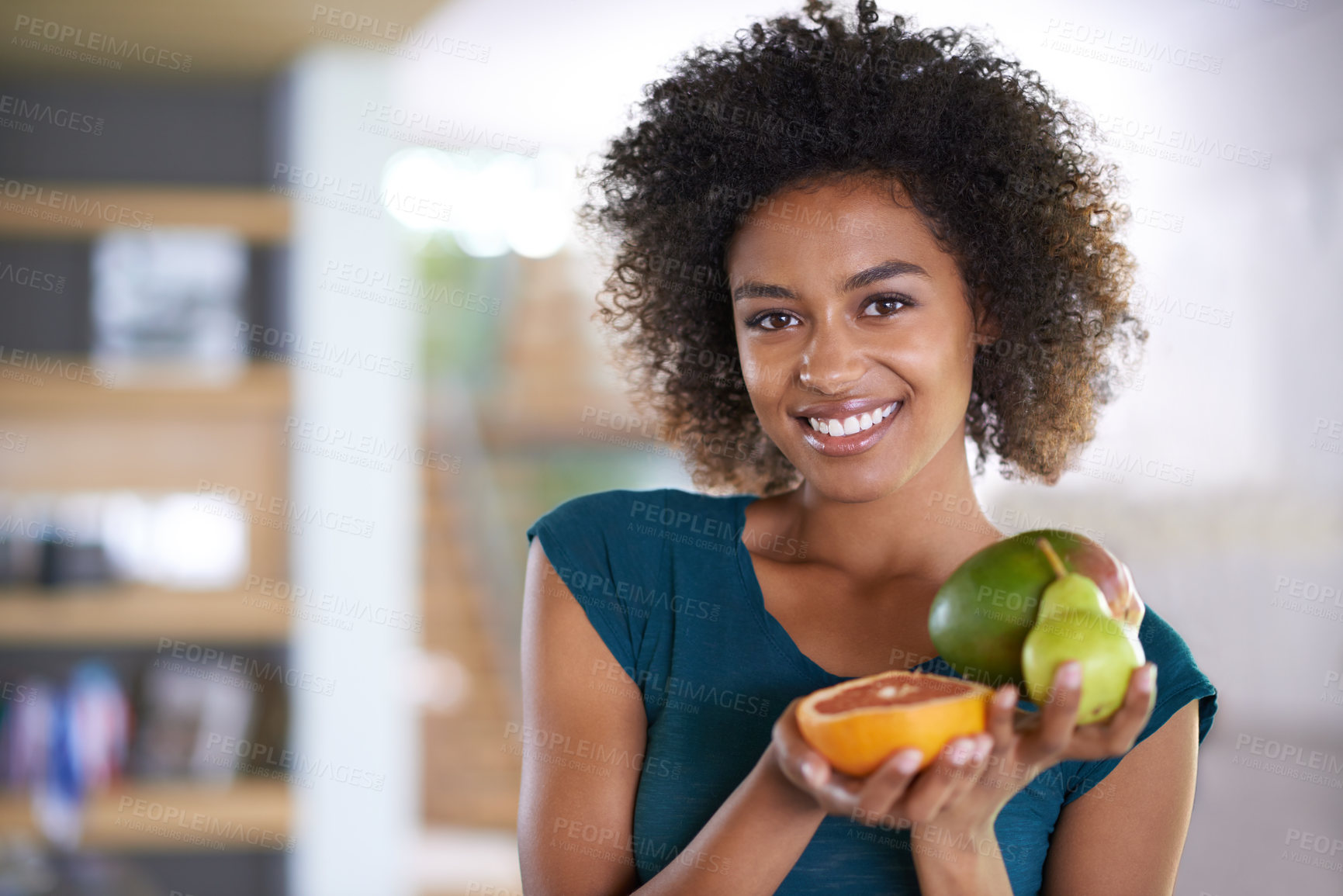 Buy stock photo Smile, health and portrait of woman with fruit for fresh, organic or nutrition snack for diet. Happy, wellness and young female person with produce ingredients or groceries at modern apartment.