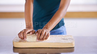 Buy stock photo Woman hand, home and dough for wellness, eating and health in baking and cooking lifestyle. African female person, kitchen and healthy food for meal prep, fingers and nutrition at house indoor 