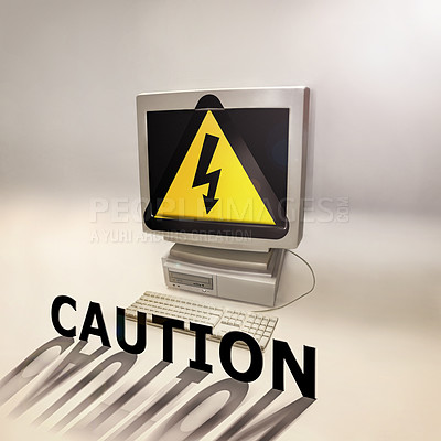 Buy stock photo Computer, caution graphic and broken screen with warning and network with advisory tape. Cyber, virus phishing sign and online technology problem with white background and password security issue