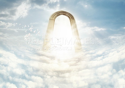 Buy stock photo Shot of the "Pearly Gates" above the clouds