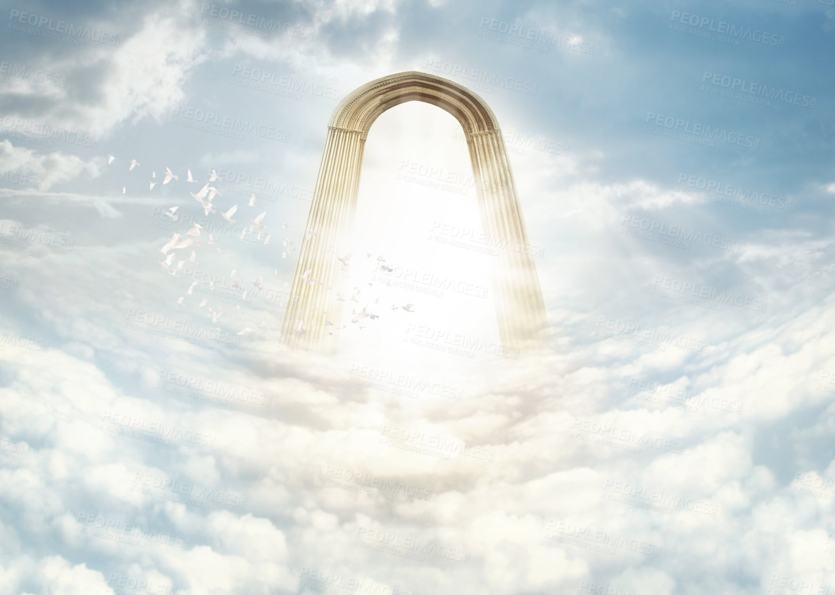 Buy stock photo Shot of the "Pearly Gates" above the clouds