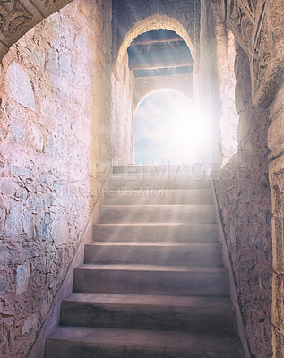 Buy stock photo Underground, staircase and light for guide to eternity or heaven for afterlife, salvation and paradise. Medieval, ancient and steps for spiritual journey or path, walkway and freedom to beyond.
