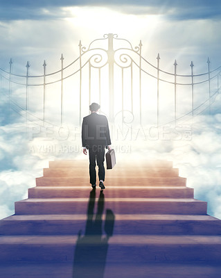 Buy stock photo Businessman, staircase and light to guide to heaven or eternity for afterlife, salvation and paradise. Medieval, ancient and steps for spiritual journey or path, walkway and freedom to beyond.