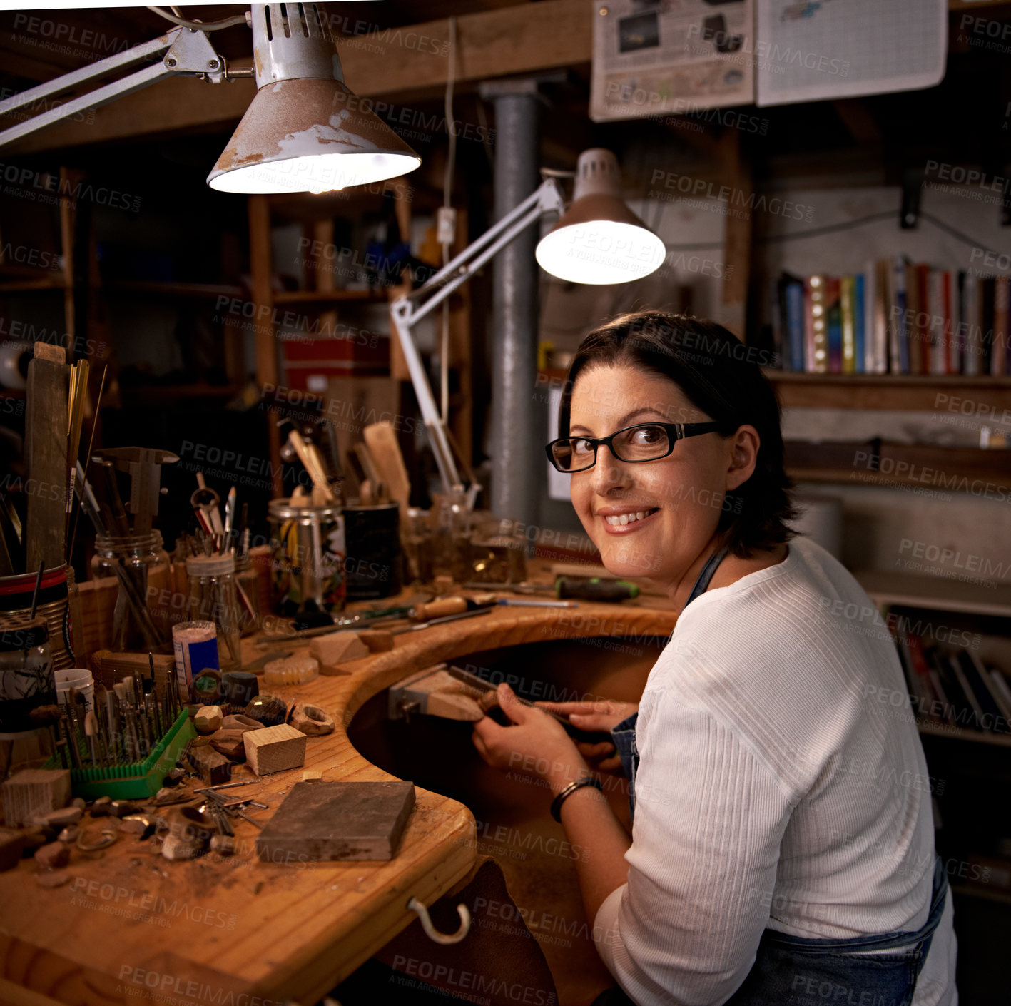 Buy stock photo Portrait, woman and tools with wood in workshop with craftsmanship, smile and handmade design with creativity. Woodwork, artist and creative person at workspace with equipment for handicraft or hobby