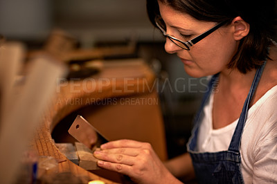 Buy stock photo Woodworking, industry and woman in workshop for creative project, furniture or sculpture. Artisan, industrial and young female carpenter manufacturing craft or products in studio for small business.