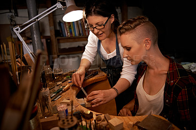 Buy stock photo Teamwork, women and tools with woodwork in workshop with craftsmanship, skill or handmade design for creativity. Wood, carpenter or creative people at workspace with equipment for handicraft or hobby