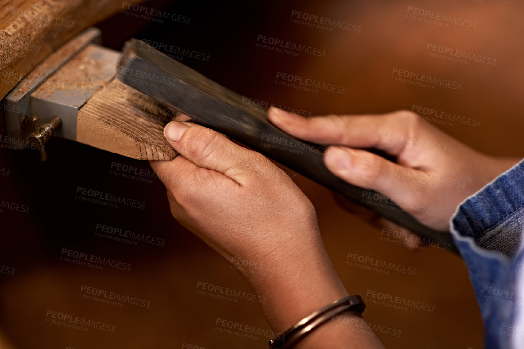 Buy stock photo Woodworking, industry and hands of woman in workshop for creative project or sculpture. Artisan, industrial and closeup of female carpenter manufacturing products in studio for small business.