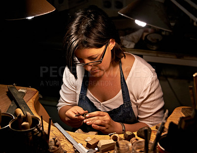 Buy stock photo Artist, woman and tools with woodwork in workshop with craftsmanship, skill and handmade design with creativity. Wood, carpenter or creative person at workspace with equipment for handicraft or hobby