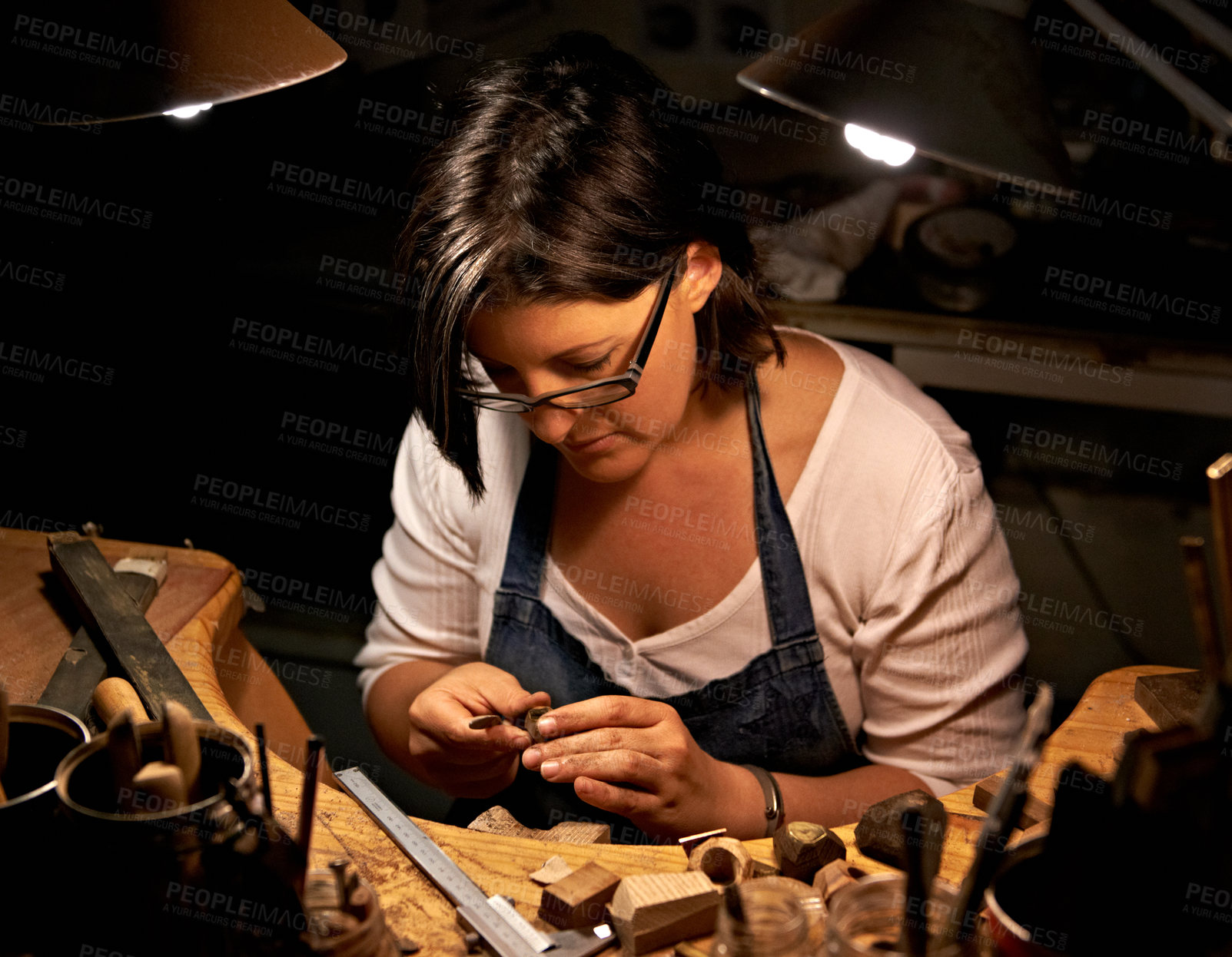 Buy stock photo Artist, woman and tools with woodwork in workshop with craftsmanship, skill and handmade design with creativity. Wood, carpenter or creative person at workspace with equipment for handicraft or hobby