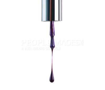 Buy stock photo Purple, color and drip for product, nail art and cosmetic with white backdrop for manicure, beauty and paint. Bold and painting for liquid or acrylic for pedicure, gel and vibrant for shine  