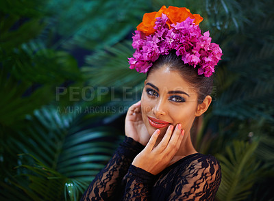 Buy stock photo A portrait of a beautiful woman wearing a colorful headdress