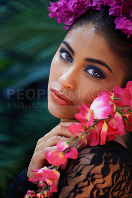 Buy stock photo Jungle, portrait or woman with flowers for beauty, natural cosmetics or wellness in nature aesthetic. Color, Indian person or face of model with at eco friendly skincare, plants or spring floral art 