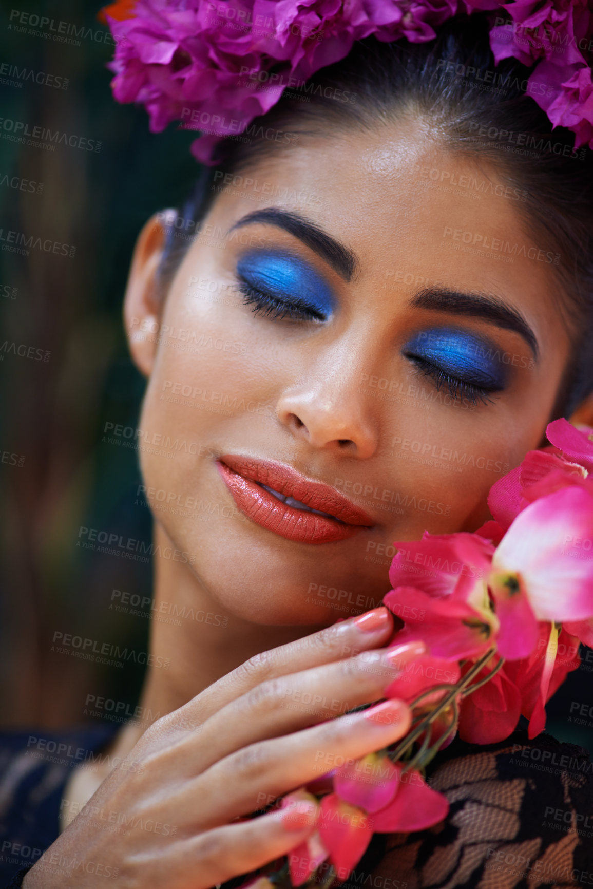 Buy stock photo Jungle, makeup or woman with flowers for beauty, natural cosmetics or wellness in nature aesthetic. Color, relax or face of Indian model with eco friendly skincare, plants or floral eyeshadow art