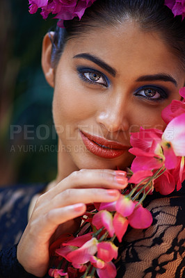 Buy stock photo Nature, portrait or woman with flowers for beauty, natural cosmetics or wellness in jungle aesthetic. Color, Indian person or face of model with at eco friendly skincare, plants or spring floral art