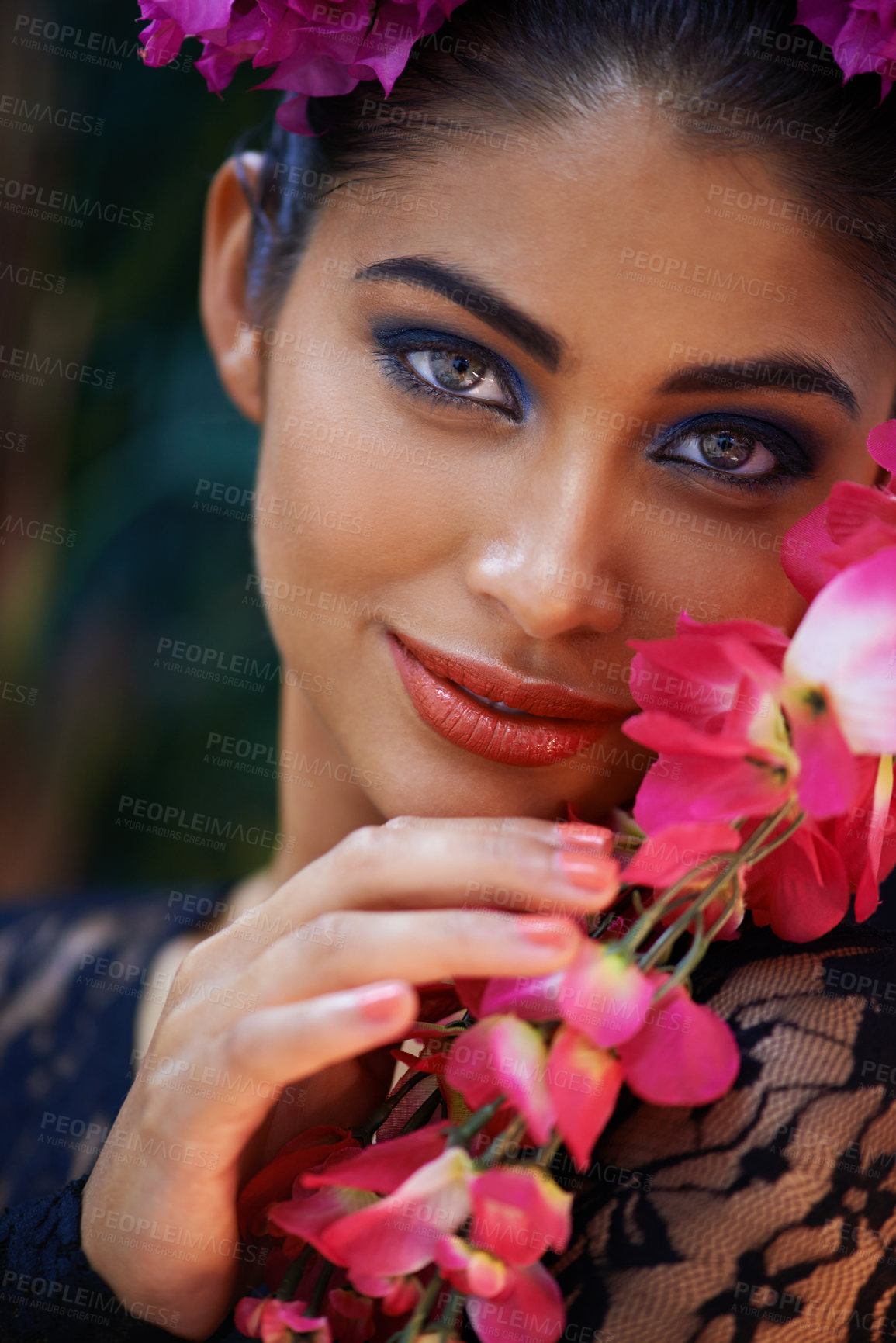Buy stock photo Nature, portrait or woman with flowers for beauty, natural cosmetics or wellness in jungle aesthetic. Color, Indian person or face of model with at eco friendly skincare, plants or spring floral art