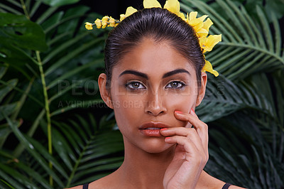 Buy stock photo Crown, portrait or woman with flowers for beauty, makeup or wellness in nature, rainforest or jungle. Tropical, Indian person or face of model with eco friendly skincare, plants or spring floral art 