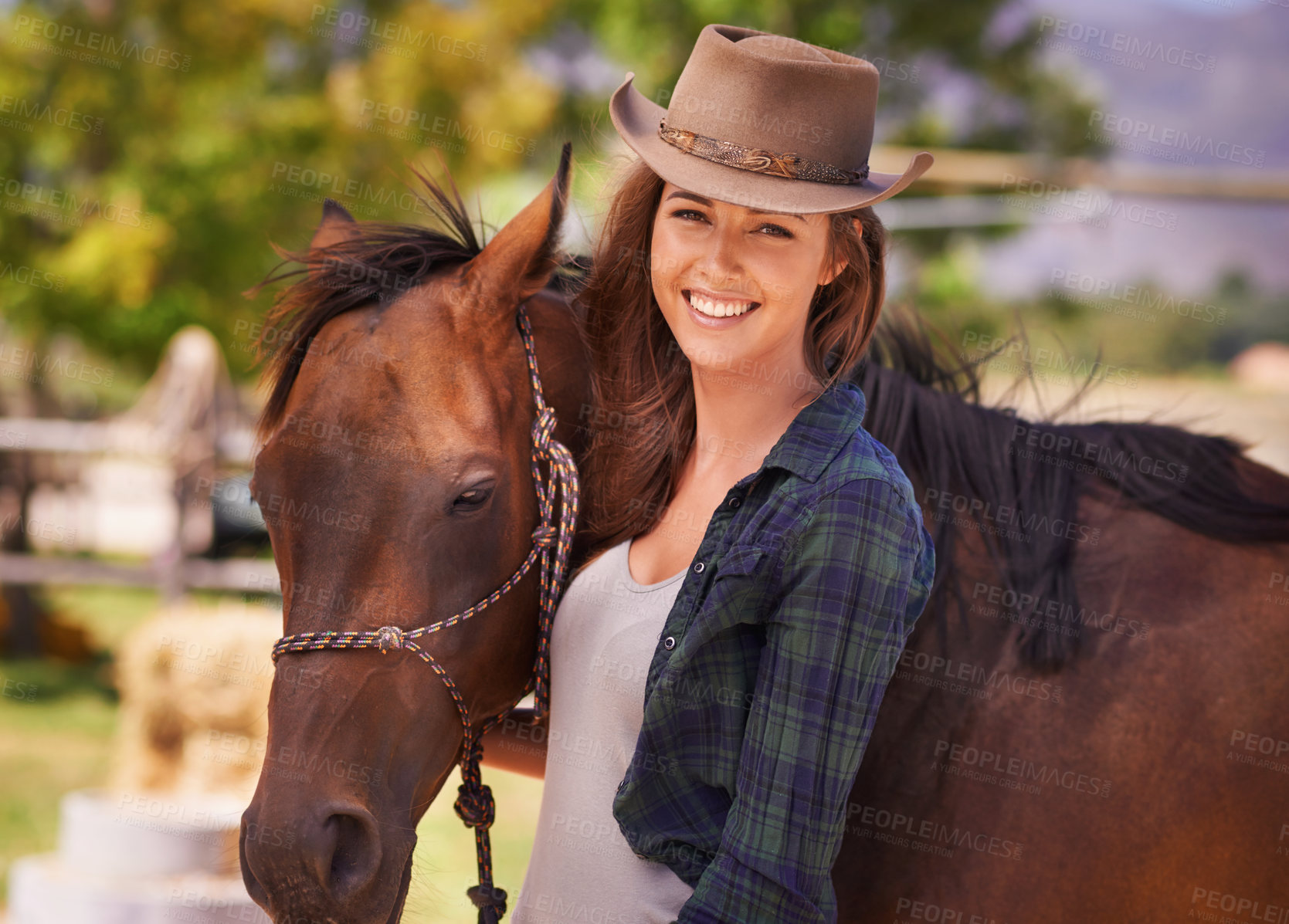 Buy stock photo Woman or cowgirl, portrait and horse on farm to train or feed and grooming for animal or pet care. Person, stallion and outdoors to ride together in countryside in Texas for rural life and adventure.