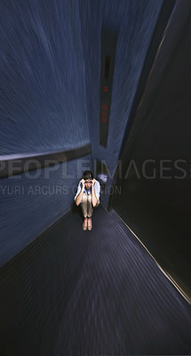 Buy stock photo Person, stress and fear elevator with worry for trapped, claustrophobia or anxiety in emergency. Office, lift and woman scared for safety in closed space or panic attack from crisis or horror