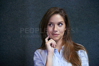 Buy stock photo Businesswoman, thinking and idea for work for brainstorming on a dark background in her finance agency. Acounting, female person and happy vision for stock market, trading and professional profit