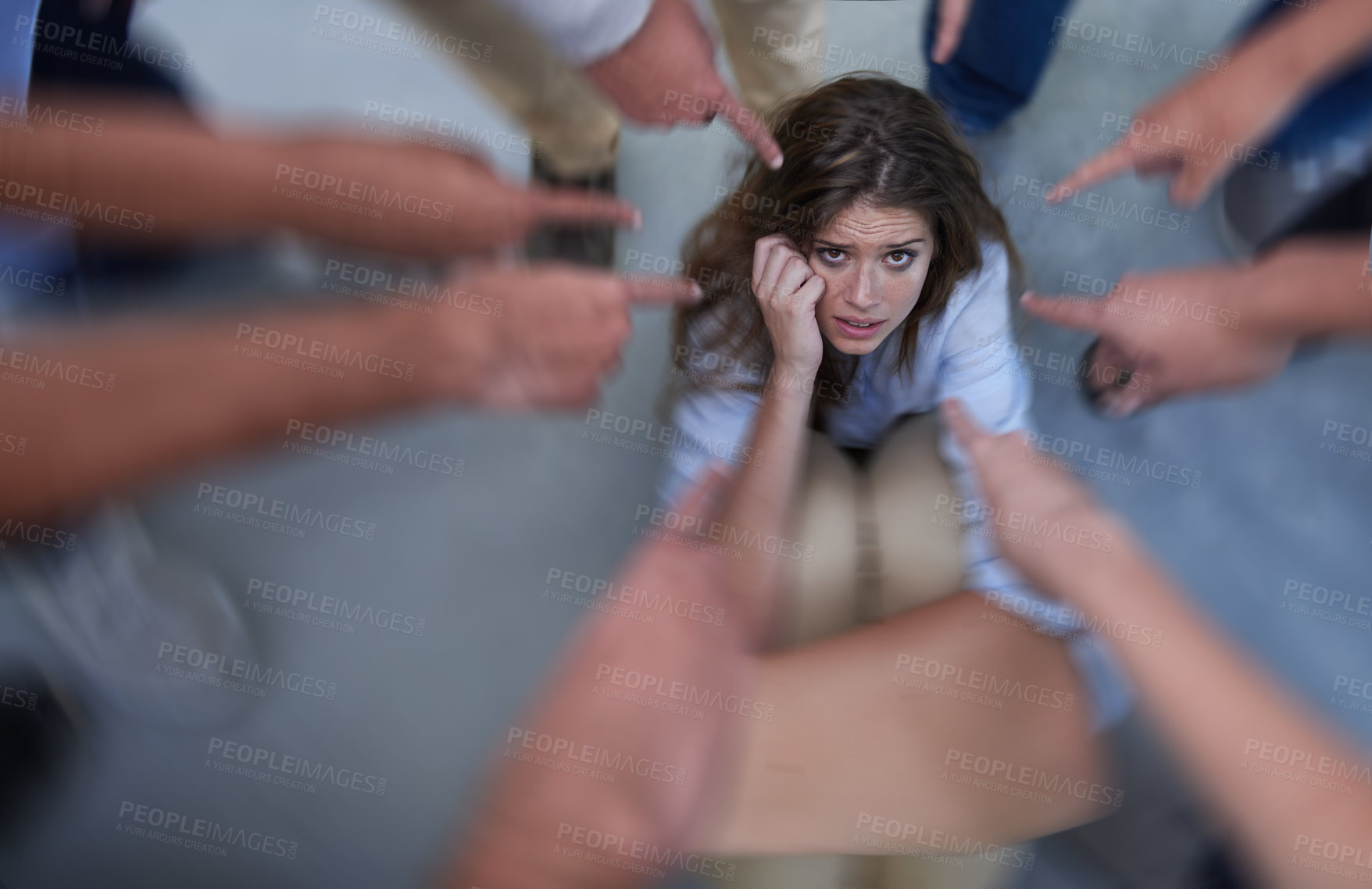 Buy stock photo Woman, stress and bullying hands pointing with social anxiety and fear from teasing and fail. Motion blur, female person portrait and above with fingers point to scared employee with peer pressure 