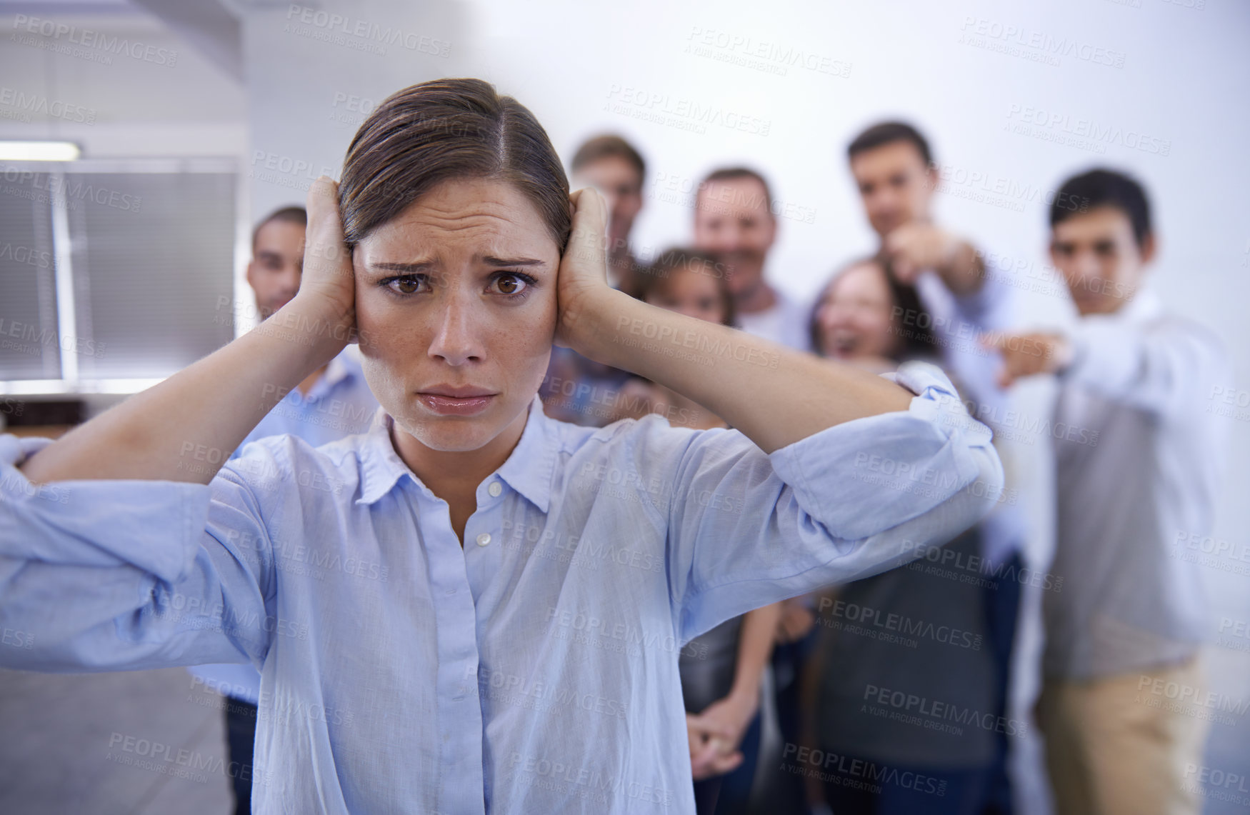 Buy stock photo Business, bullying and portrait of woman with stress in office with harassment, prank or hand pointing mock. Judgment, joke and face of worker with new job judgment, shame or corporate gossip victim