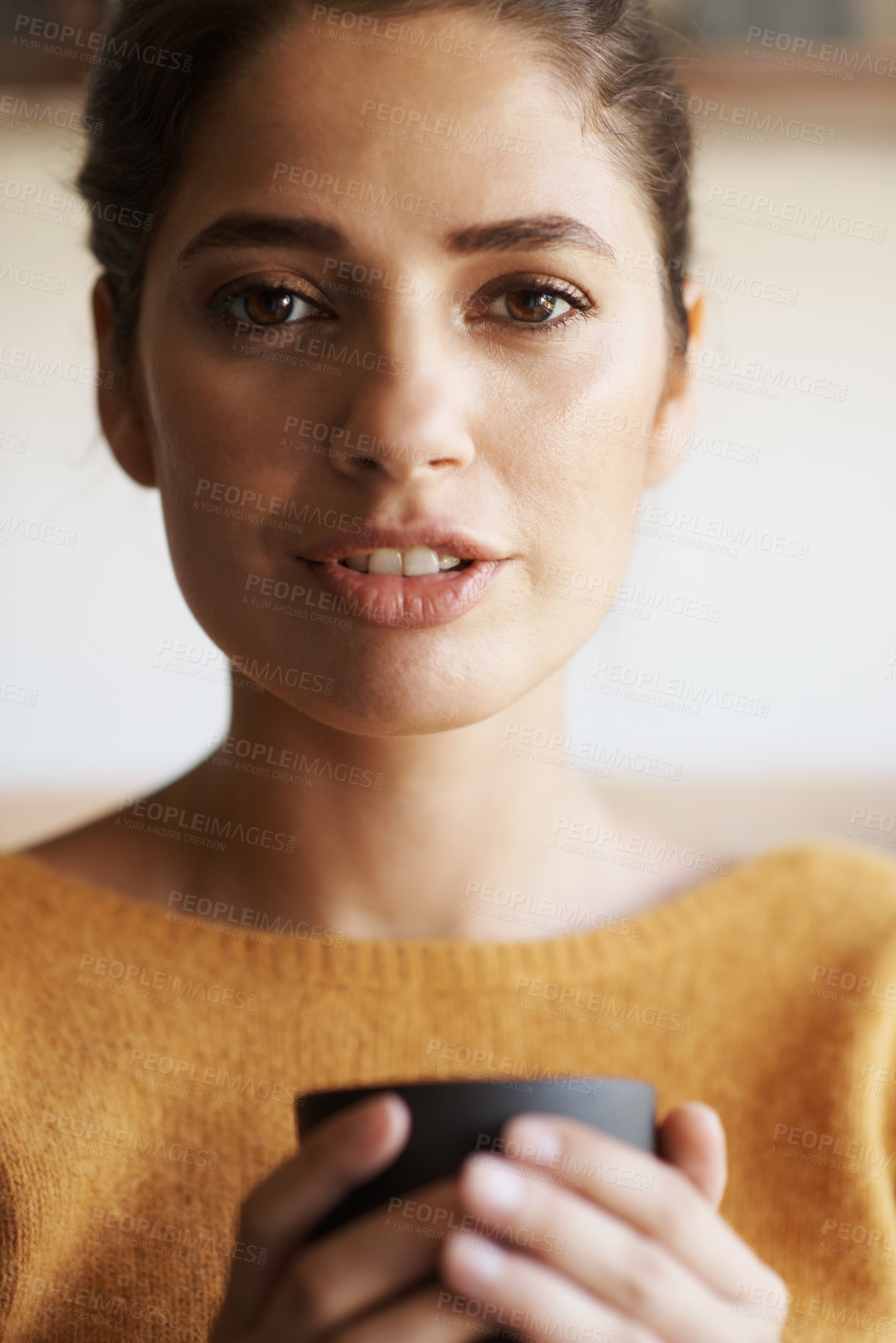 Buy stock photo Portrait, woman and drinking coffee in home to relax, peace or calm for energy at breakfast in the morning. Face, tea cup and young female person with latte, espresso or hot beverage in apartment