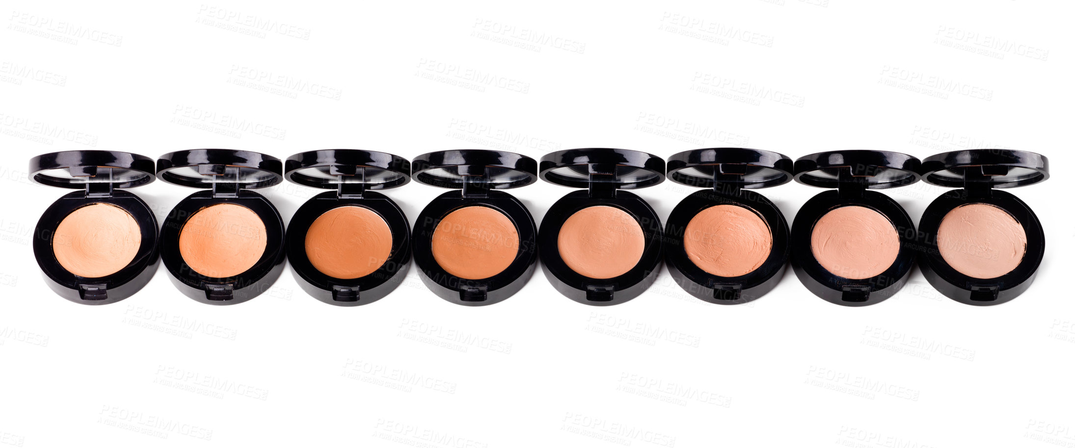 Buy stock photo Cosmetics, powder and makeup product for beauty with texture in container, studio and white background. Aesthetic, transformation and choice of shades or colour for application of foundation pallet