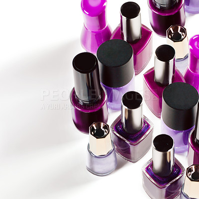 Buy stock photo Nail polish, purple and bottle on a white background for salon, cosmetics and beauty products. Cosmetology, luxury spa and container for painting nails for manicure, pedicure and pamper in studio