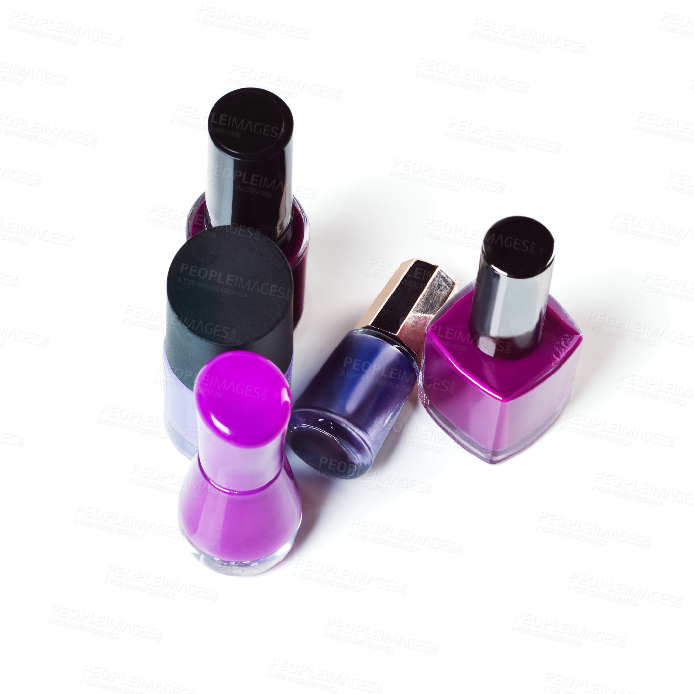 Buy stock photo Purple nail polish, salon and bottle on a white background for beauty, cosmetics and painting nails. Cosmetology, luxury spa and isolated colors for manicure, pedicure and pamper products in studio