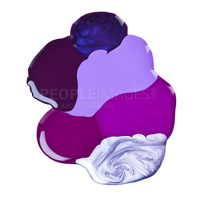 Buy stock photo A studio of of a puddle of nail polish in various color against a white back drop
