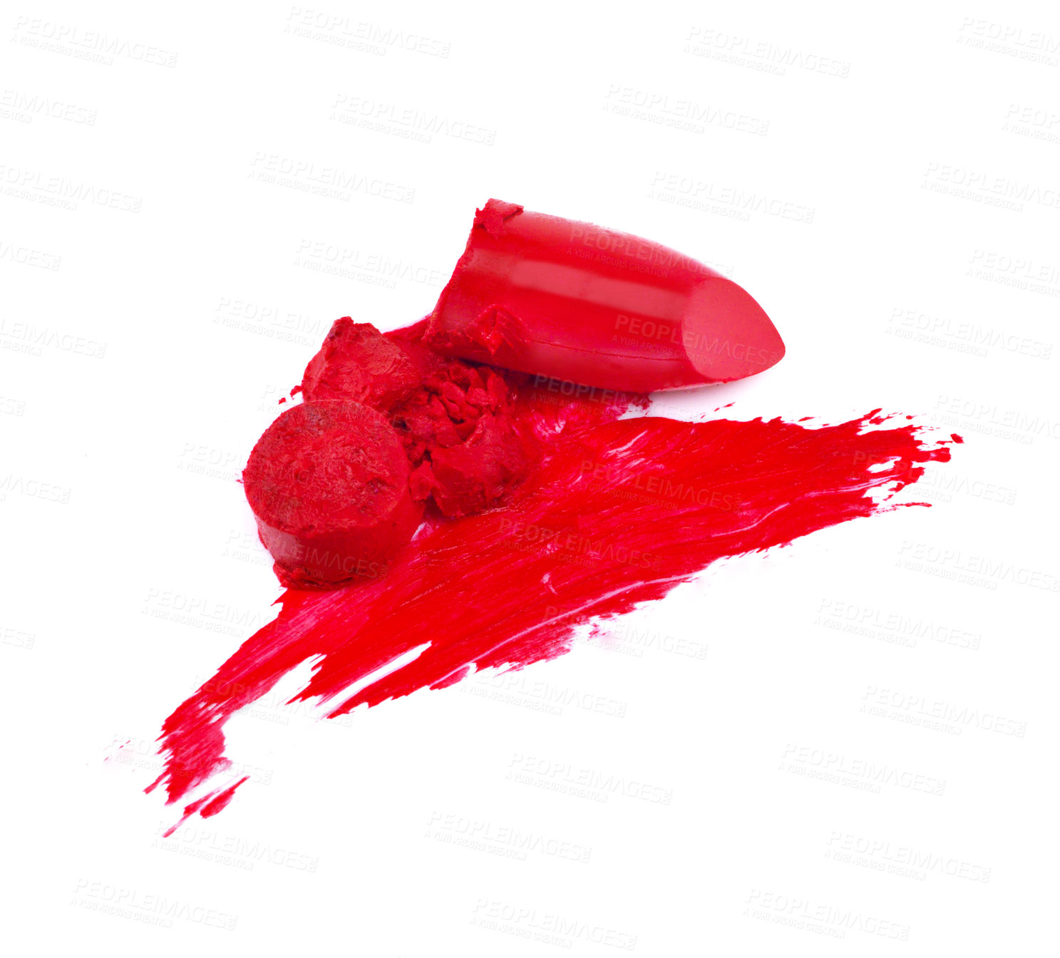 Buy stock photo Smeared, studio and isolated red lipstick, makeup and cosmetics on white background. Trendy, bright colour for creative beauty with artistic pieces with texture smudged in beautiful vibrant product