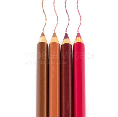 Buy stock photo Makeup, pencil and colourful with cosmetic tools, facial and industry isolated on a white studio background. Mockup space, beauty product and aesthetic with creative and artistic with technique