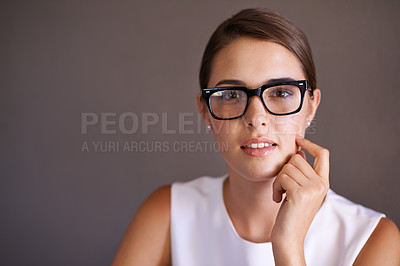 Buy stock photo Businesswoman, portrait and glasses in studio for corporate confidence as financial accountant, mockup space or brown background. Female person, eyewear and career pride, consultant or professional