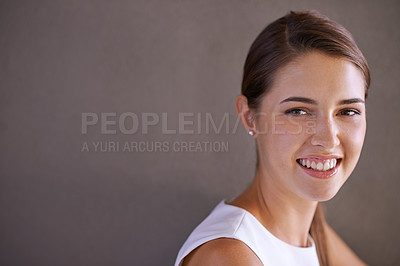 Buy stock photo Portrait, woman and mockup space in studio professional and confident person by brown background. French female, designer and pride on face for career growth and positive attitude in creative job
